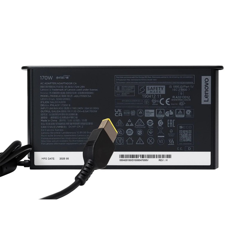 Γνήσιος φορτιστής φορητού υπολογιστή Lenovo - 20V / 8.5A / 170W - (Square Tip / Slim Design)