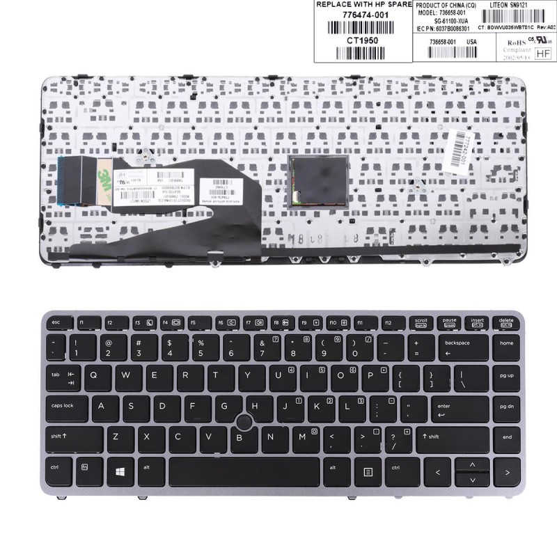 Πληκτρολόγιο HP EliteBook 840 G1 850 G1, Μαύρο Ασήμι, με Pointing Stick, US/UK