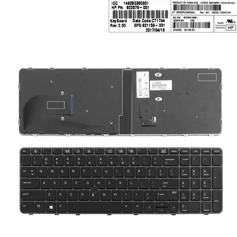 Πληκτρολόγιο HP EliteBook 755 G3 850 G3 850 G4 ZBook 15u G3 G4, Γκρί, με Pointing Stick, US/UK ( +BG Print)