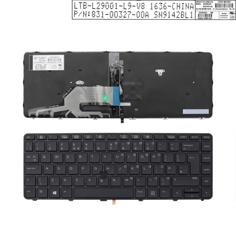 Πληκτρολόγιο HP 430 G3 430 G4 440 G3 440 G4, Μαύρο, με Pointing Stick με Backlit, US/UK