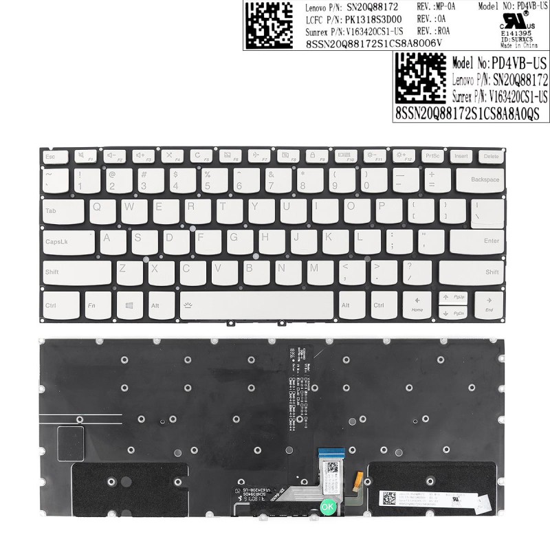 Πληκτρολόγιο Lenovo Yoga C930-13 C930-13IKB, Ασήμι με Backlit, US/UK