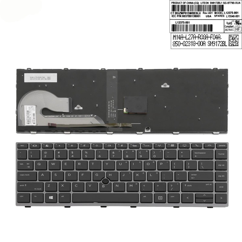 Πληκτρολόγιο HP EliteBook 840 G5, Γκρί, με Pointing Stick, US/UK ( +BG Print)