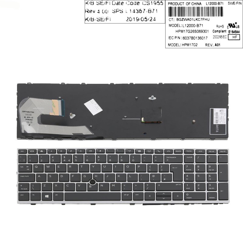 Πληκτρολόγιο HP EliteBook 755 G5 850 G5 ZBook 15u G5, Μαύρο Ασήμι, με Pointing Stick, Original, US/UK